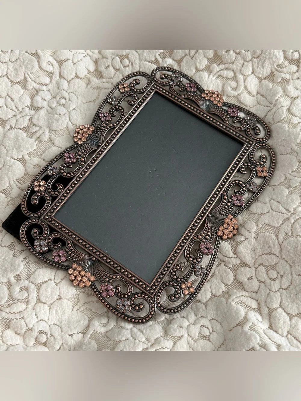 Romantic Jeweled Picture Frame Ornate Metal Scroll Rhinestone Photo Frame